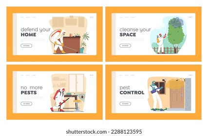 Pest Control Service Landing Page Template Set. Extermination Of Insects Using Fumigation, Baiting, And Spraying Techniques. Eliminate Pests for Hygienic Environment. Cartoon Vector Illustration