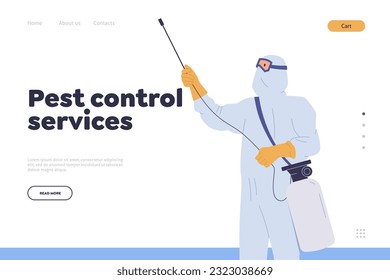 Pest control service landing page template with man in protective overalls using sanitary tools