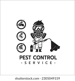 Pest Control Service logo template isolated silhouette with Equipped Man in Protective Suit Holding Chemical Cylinder isolated silhouette on white background vector illustration