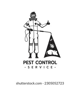 Pest Control Service logo template isolated silhouette with Equipped Man in Protective Suit Holding Chemical Cylinder isolated silhouette on white background vector illustration