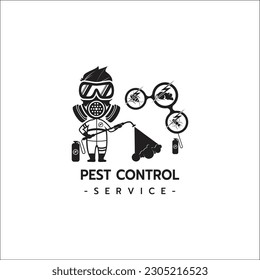 Pest Control Service logo template isolated silhouette with Equipped Man in Protective Suit Holding Chemical Cylinder isolated silhouette on white background vector illustration