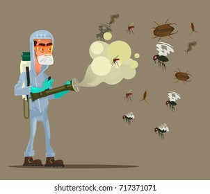 Pest Control Service Man Character Trying Killing Insects. Vector Flat Cartoon Illustration