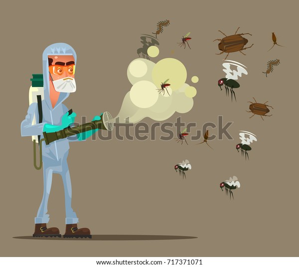 Pest control service man character\
trying killing insects. Vector flat cartoon\
illustration