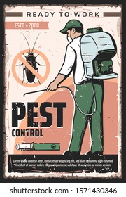 Pest control service, professional home disinsection and domestic bugs extermination vintage retro poster. Vector pest control fumigation and disinsection of parasite cockroaches and insect parasites