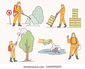 Pest control service. Professionals exterminate insects and rodents, spraying with pesticide chemicals, treatment with poisons and gases, using fumigation and baiting cartoon flat vector set