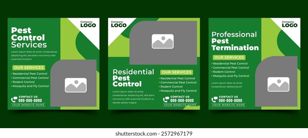 Pest control service promotional social media template. Set of square banner with place for the photo.