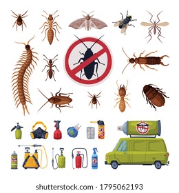 Pest Control Service Set, Harmful Insects Exterminating and Protecting Equipment Vector Illustration