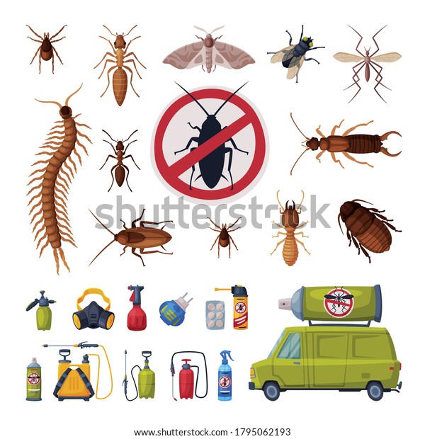 Pest Control Service Set,\
Harmful Insects Exterminating and Protecting Equipment Vector\
Illustration