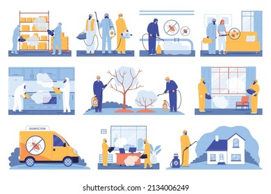 Pest control service set with workers performing disinfection procedures indoors and outdoors isolated flat vector illustration