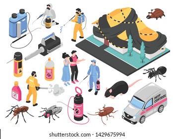 Pest control service team removing bugs exterminating rats tools equipment products clients auto isometric set vector illustration 