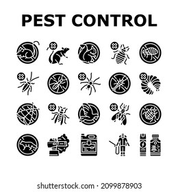 Pest Control Service Treatment Icons Set Vector. Woodworm And Spider, Ant And Rat, Mouse Silverfish Pest Control With Professional Equipment Chemical Liquid Smoke Glyph Pictograms Black Illustrations