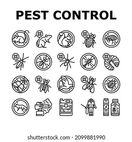 Pest Control Service Treatment Icons Set Vector. Woodworm And Spider, Ant And Rat, Mouse And Silverfish Pest Control With Professional Equipment Chemical Liquid Or Smoke Black Contour Illustrations