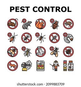 Pest Control Service Treatment Icons Set Vector. Woodworm And Spider, Ant And Rat, Mouse And Silverfish Pest Control With Professional Equipment And Chemical Liquid Or Smoke Line. Color Illustrations
