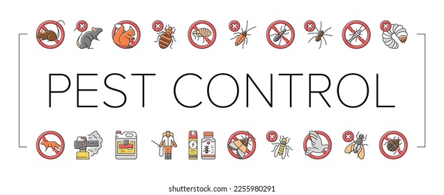 Vector Set de Iconos de Tratamiento de Servicio de Control de Plagas. Gusano Y Araña, Hormiga Y Rata, Ratón Y Pplas De Pescado Silverfish Con Equipo Profesional Y Línea Líquida O Humeante Química. Ilustraciones de color