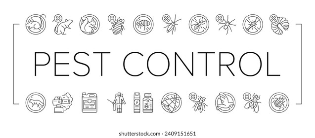 Vector Set de Iconos de Tratamiento de Servicio de Control de Plagas. Gusanos Y Araña, Hormiga Y Rata, Ratón Y Pplas De Pescado Silverfish Con Equipo Profesional Ilustraciones Químicas Líquidas O De Contorno Negro De Humo