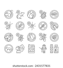 Pest Control Service Treatment Icons Set Vector. Woodworm And Spider, Ant And Rat, Mouse And Silverfish Pest Control With Professional Equipment Chemical Liquid Or Smoke Black Contour Illustrations