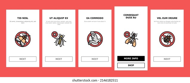 Pest Control Service Treatment Onboarding Mobile App Page Screen Vector. Woodworm Spider, Ant And Rat, Mouse Silverfish Pest Control With Professional Equipment Chemical Liquid Or Smoke Illustrations