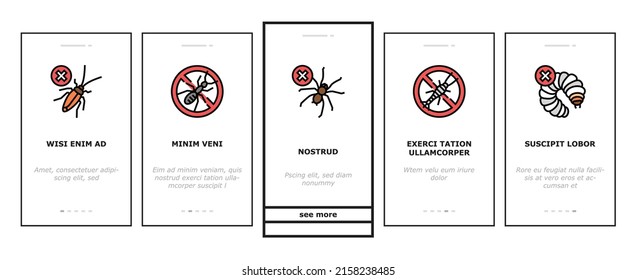Pest Control Service Treatment Onboarding Mobile App Page Screen Vector. Woodworm Spider, Ant And Rat, Mouse Silverfish Pest Control With Professional Equipment Chemical Liquid Or Smoke Illustrations