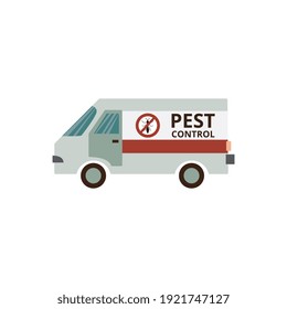 Vehículo de servicio de control de plagas - vehículo de exterminación de insectos aislado en fondo blanco. Vehículo insecticida con símbolo de termita tachado, ilustración vectorial.