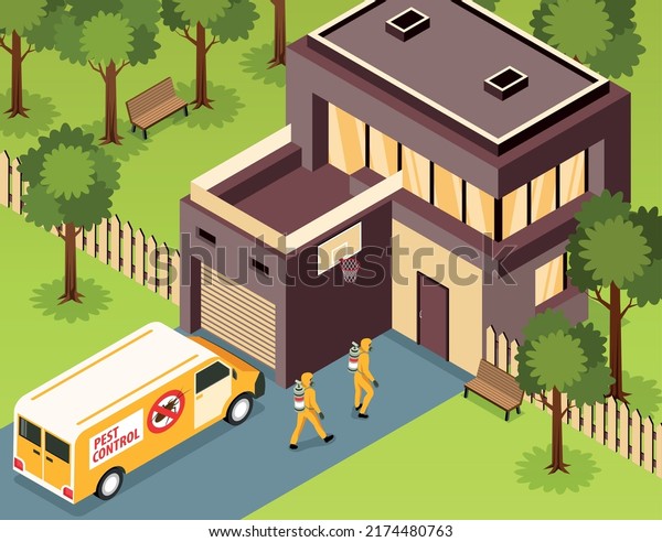 Pest control\
service van and two workers in protective suits coming to house 3d\
isometric vector\
illustration