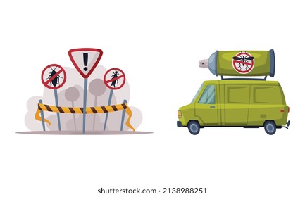 Pest Control Service with Van Vehicle and Restriction Sign on Pole Vector Set