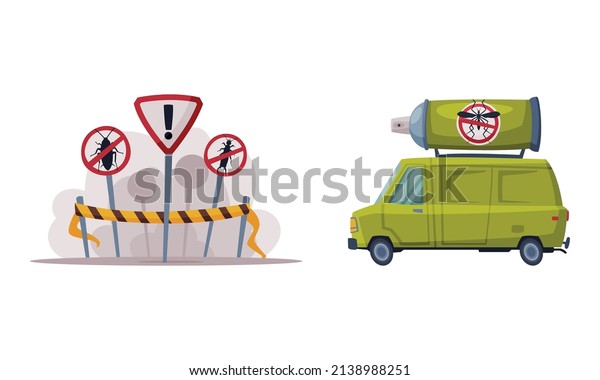 Pest Control Service with Van Vehicle and\
Restriction Sign on Pole Vector\
Set