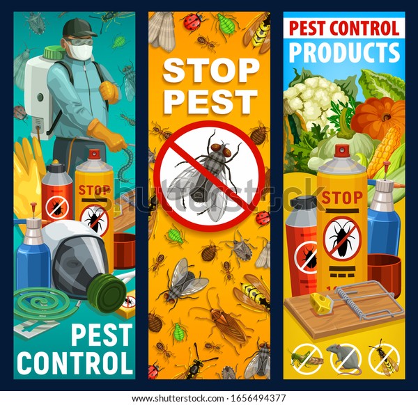 Pest control service vector banners. Insects,\
exterminator and equipment. Bugs of cockroach, ant and fly,\
chemical insecticide and pesticide sprayers, mosquito and termite,\
tick, aphid, mouse trap