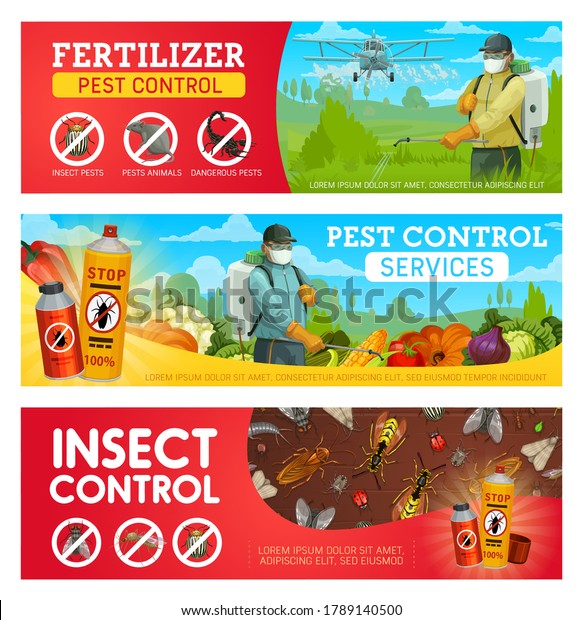 Pest control service vector banners with pest\
insects, bugs, rodent animals and exterminators. Cockroach,\
mosquito, rat and fly, pesticide and insecticide protection spray\
and agriculture crop\
duster