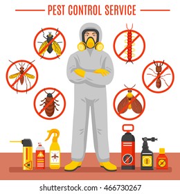 Pest control service vector illustration with exterminator of insects in chemical protective suit termites and disinfection cans flat icons   