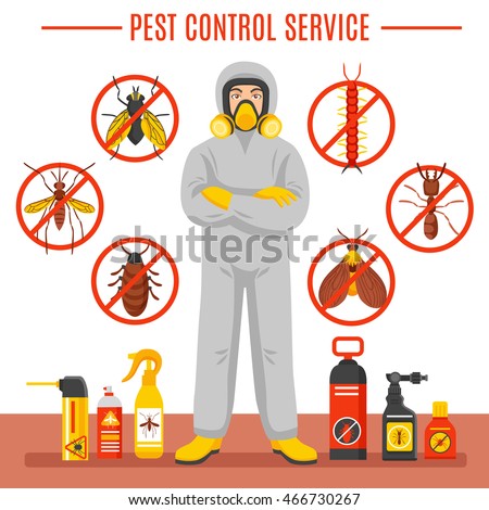 Pest control service vector illustration with exterminator of insects in chemical protective suit termites and disinfection cans flat icons   
