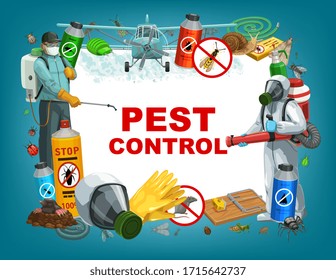 Pest control service vector poster, disinfestation and deratization sanitary. Domestic insects ticks and cockroach disinfection, agrarian bugs and louse fumigation, rats and mouse extermination