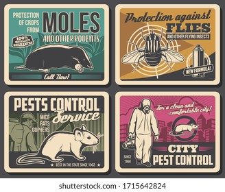 Pest control service, vector retro posters, insects disinsection, rodents extermination and deratization. Agriculture, city and domestic pest control disinfection against moles, rats, mice and flies