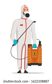 Pest control service worker in chemical protective suit, respirator holding jerrican with toxic poison and connected to spray tool. Extermination or domestic insect disinfection. Vector illustration