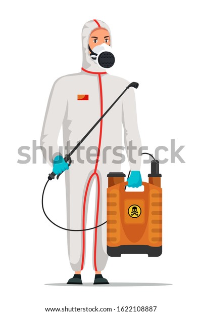 Pest control service worker in chemical\
protective suit, respirator holding jerrican with toxic poison and\
connected to spray tool. Extermination or domestic insect\
disinfection. Vector\
illustration