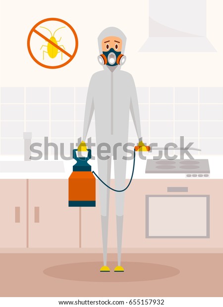 Pest control service worker\
in chemical protective suit. Vector cartoon character in flat style\
design. Extermination or domestic insect disinfection concept\
poster.