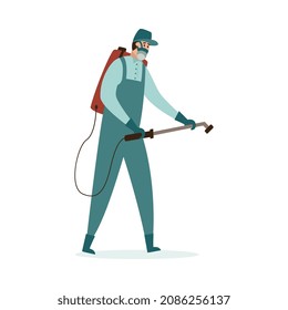 Pest control service worker or exterminator spraying toxic spray against insects and pests using equipment, flat vector illustration isolated on white background.