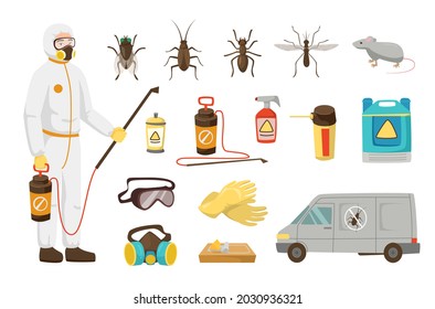 Pest control service worker for kids vector illustrations set. Man with fumigation equipment, instruments, truck, poison, pest prevention isolated on white background. Disinfection, profession concept