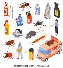 Pest control service workers 3d isometric icons set isolated on white background vector illustration