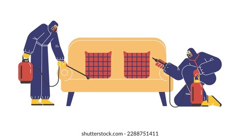 Pest control service workers disinfection sofa from insects, flat vector illustration isolated on white background. Exterminators in protective masks and suits spraying couch against bedbugs.