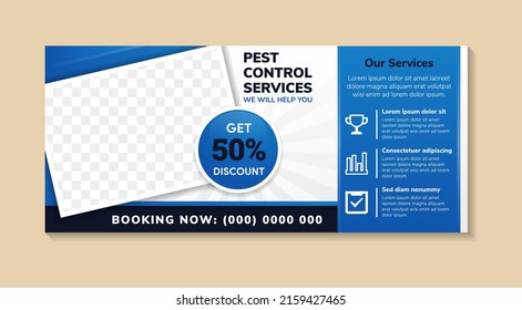 pest control services banner template design with an image and text placement, professional eye-catchy colorful design. Standard for web page banner and social media post, horizontal vector layout.