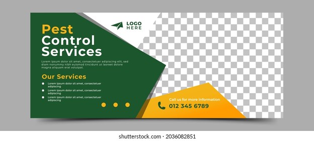 Diseño de plantillas de banner horizontal de servicios de control de plagas. Banner de promoción moderno con un color de fondo verde y amarillo.