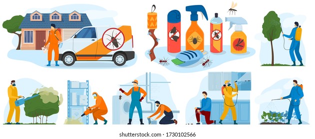 Pest control services, insects exterminator with insecticide spray and in protection cloths flat icons isolated vector illustration. Pesticide detecting pestholes exterminating insects.