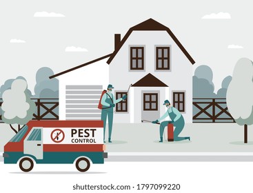 Pest Control Services Staff Working At House Background, Flat Vector Illustration. Exterminators Of Insects And Rodents Spraying Toxic Insecticide Spray Outside Building