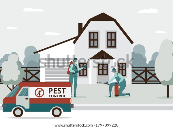 Pest control services\
staff working at house background, flat vector illustration.\
Exterminators of insects and rodents spraying toxic insecticide\
spray outside building