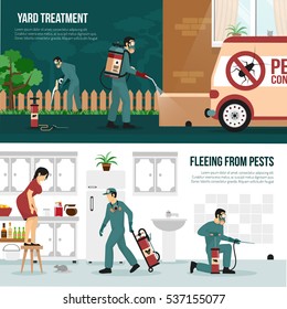 Pest control services technology concept 2 flat horizontal banners with professional yard and interior treatment isolated vector illustration 