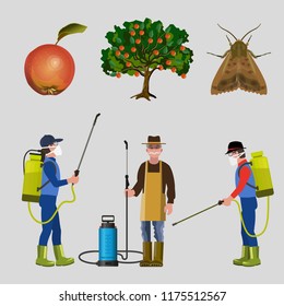 Pest control set with apple tree, codling moth and men with a garden sprayer. Vector illustration isolated on white background