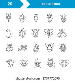 Pest control. Set of icons in a linear style. Cockroach, rat, fly, mosquito, snake, louse, tick. Can be used as a design template for printing, web sites, posters.
