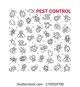 Pest control. Set of icons in a linear style. Cockroach, rat, fly, mosquito, snake, louse, tick. Can be used as a design template for printing, web sites, posters.