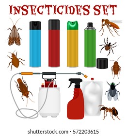 Pest control set with tick ant mosquito fly cockroach repellent and insecticide isolated on white background vector illustration