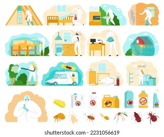 Pest control set, vector illustration. System measures to combat insects, ticks, rodents. Disinfection houses and apartments cartoon service.
